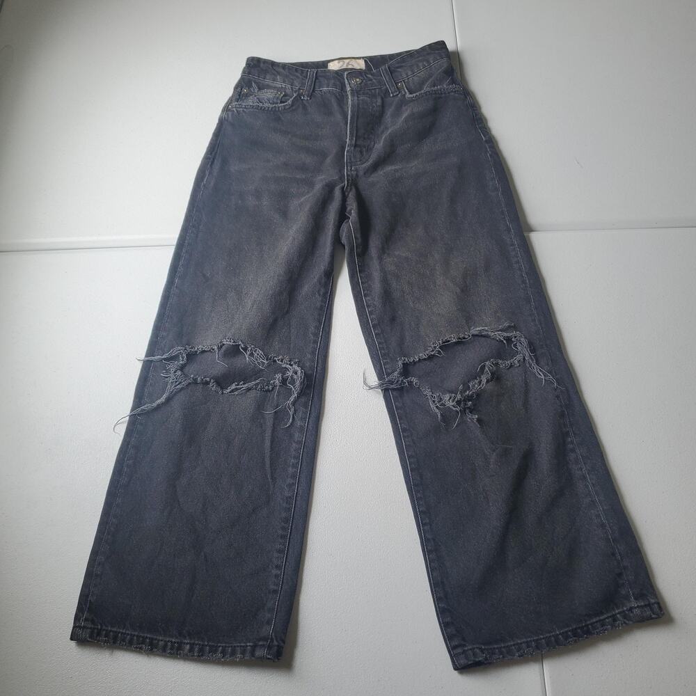 We The Free Black Washed Wide Leg Distressed Jeans